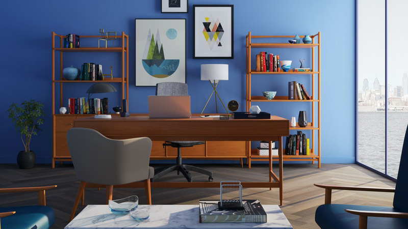 Progetti brown wooden desk with rolling chair and shelves near window